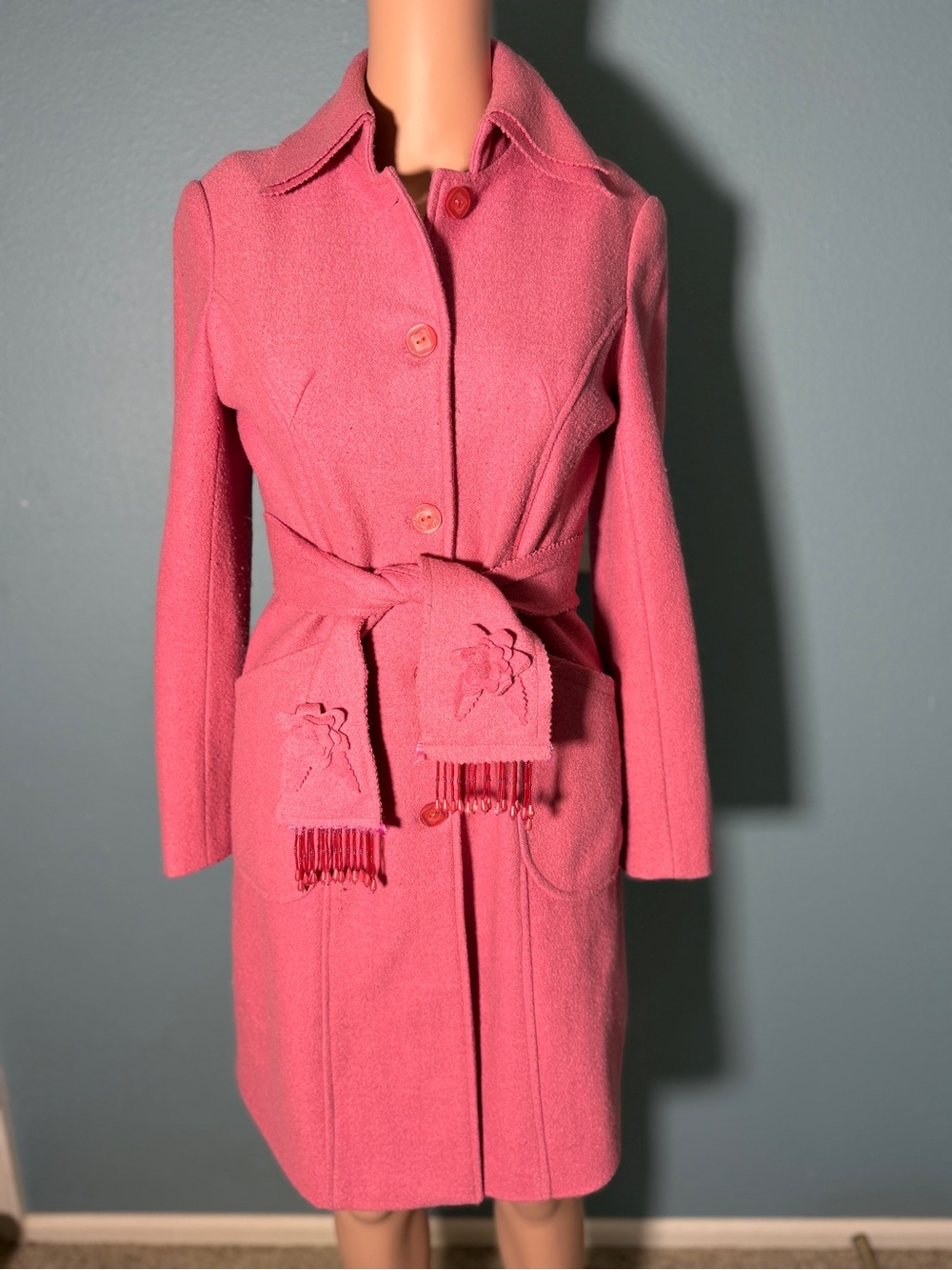 Pink Belted Wool Coat with Floral Appliqué